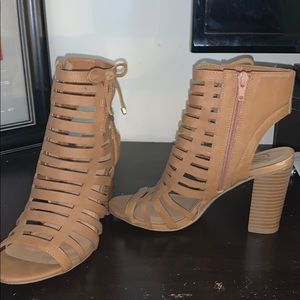 Light brown open toed sandals with a heel